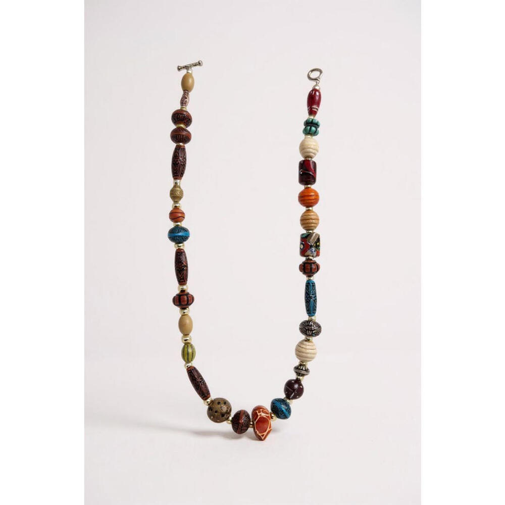 Vintage Tribal Wood Stone Bead Necklace Boho Ethnic 10.5" Mixed